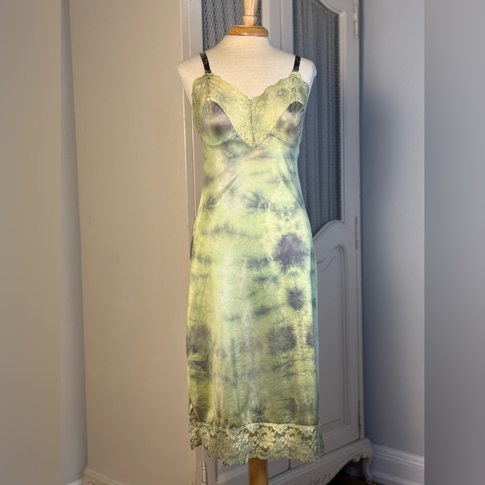 Custom Boho Vintage Lace Chemise Green Full Moon Dyed Slip Dress Womens Size M